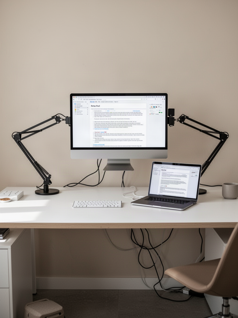 Editorial illustration — representative visual, not product photography: Mount-It! Full Motion Monitor and Laptop Desk Mount