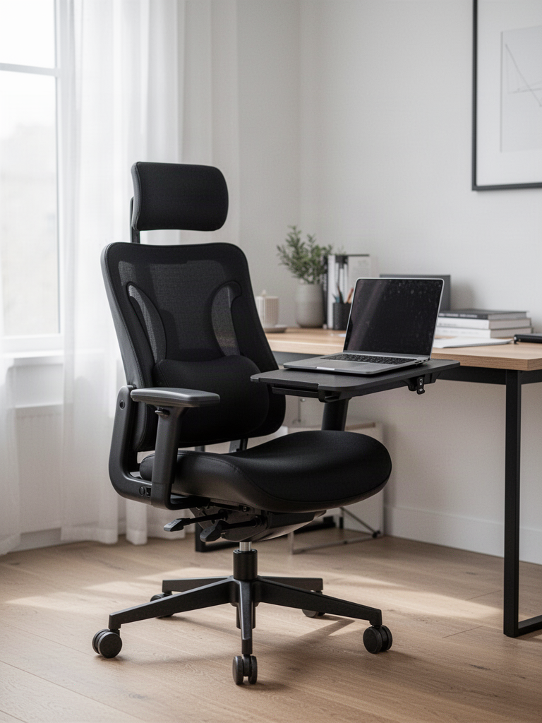 Editorial illustration — representative visual, not product photography: Newtral Ergonomic Office Chair with Detachable Laptop Table