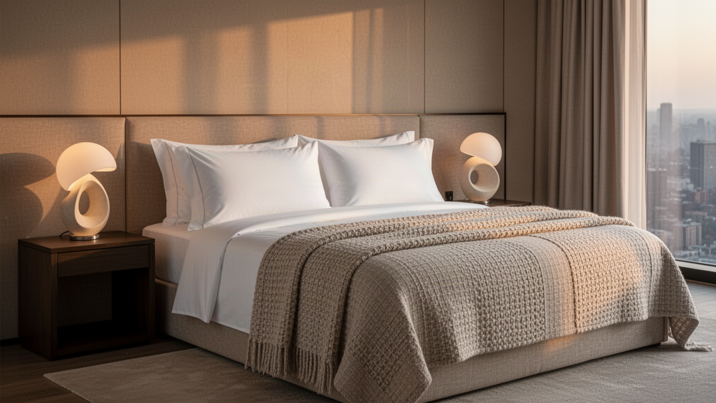 Calm hotel-inspired bedroom with crisp bedding and layered light