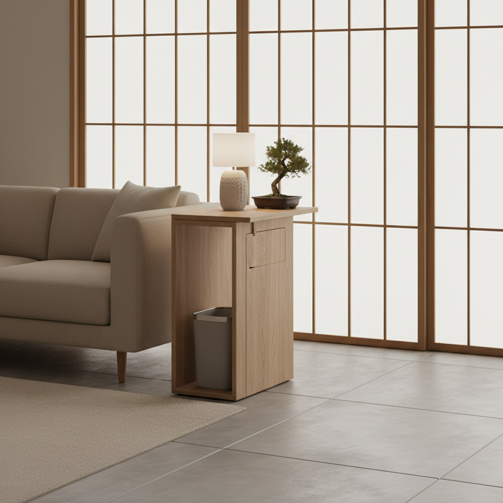 Editorial illustration — representative visual, not product photography: Yamazaki Home Tower Side Table Trash Can
