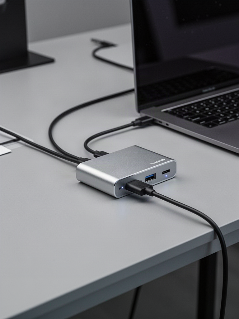 Editorial illustration — representative visual, not product photography: CalDigit TS4 Thunderbolt Station 4