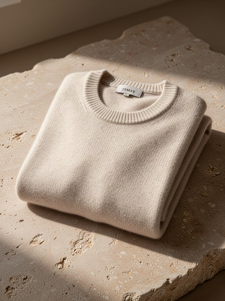 Editorial illustration — representative visual, not product photography: Quince Mongolian Cashmere Crewneck Sweater