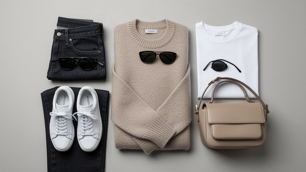 Minimal everyday wardrobe of neutral clothing and accessories without visible logos