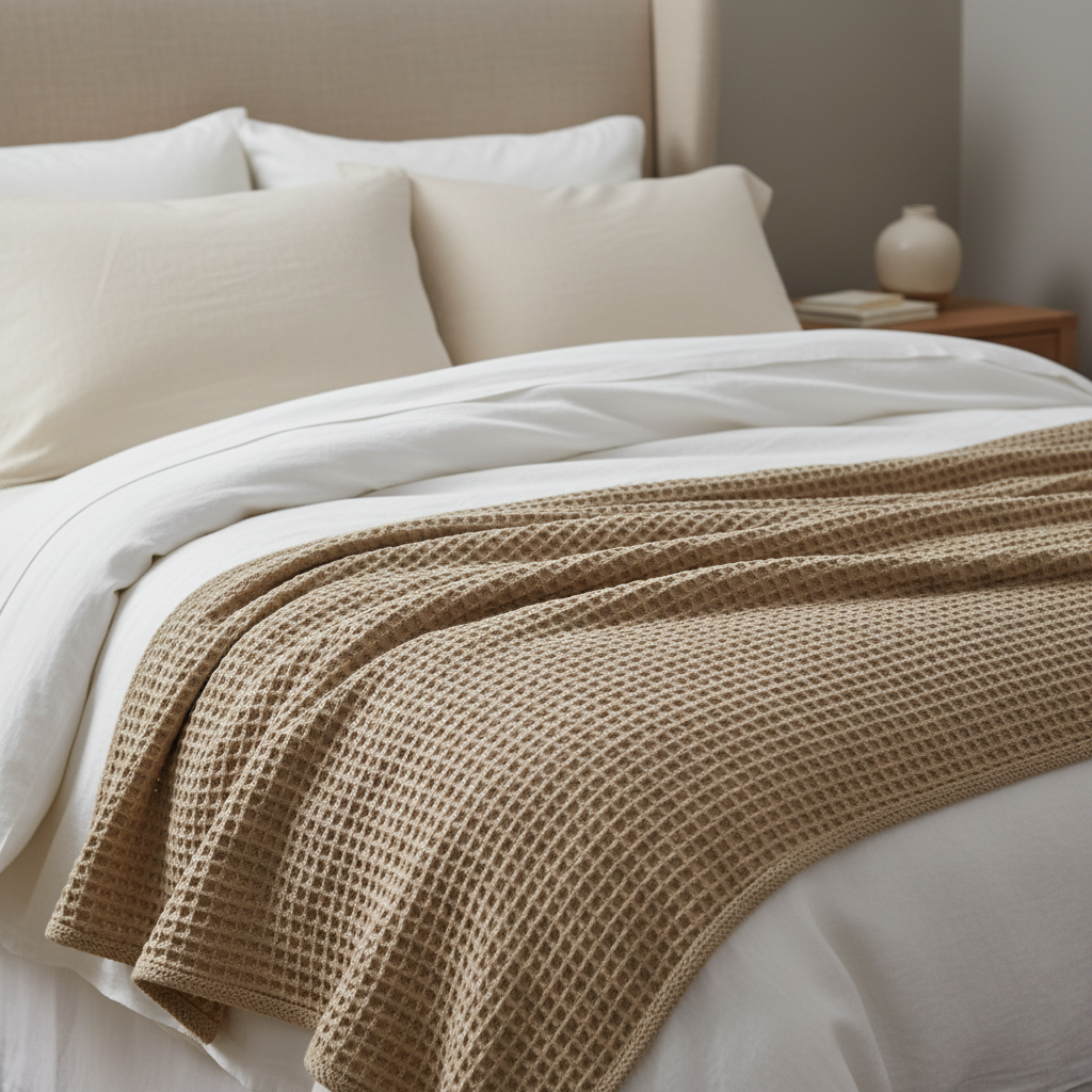 Editorial illustration — representative visual, not product photography: Boll & Branch Waffle Bed Blanket